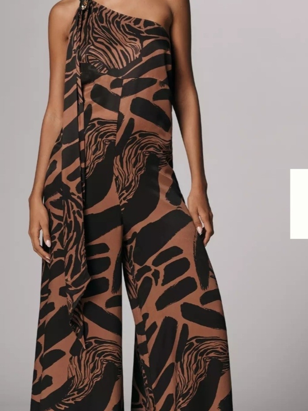 Anthropologie One-Shoulder Wide-Leg Jumpsuit in Brown and Black Animal Print